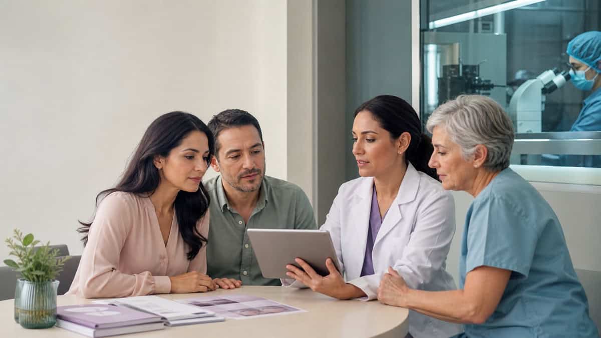 Equipo clínico de fertilidad explicando información a una pareja