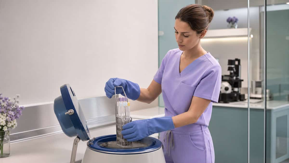 Escena editorial de una profesional de laboratorio trabajando con un sistema de criopreservación