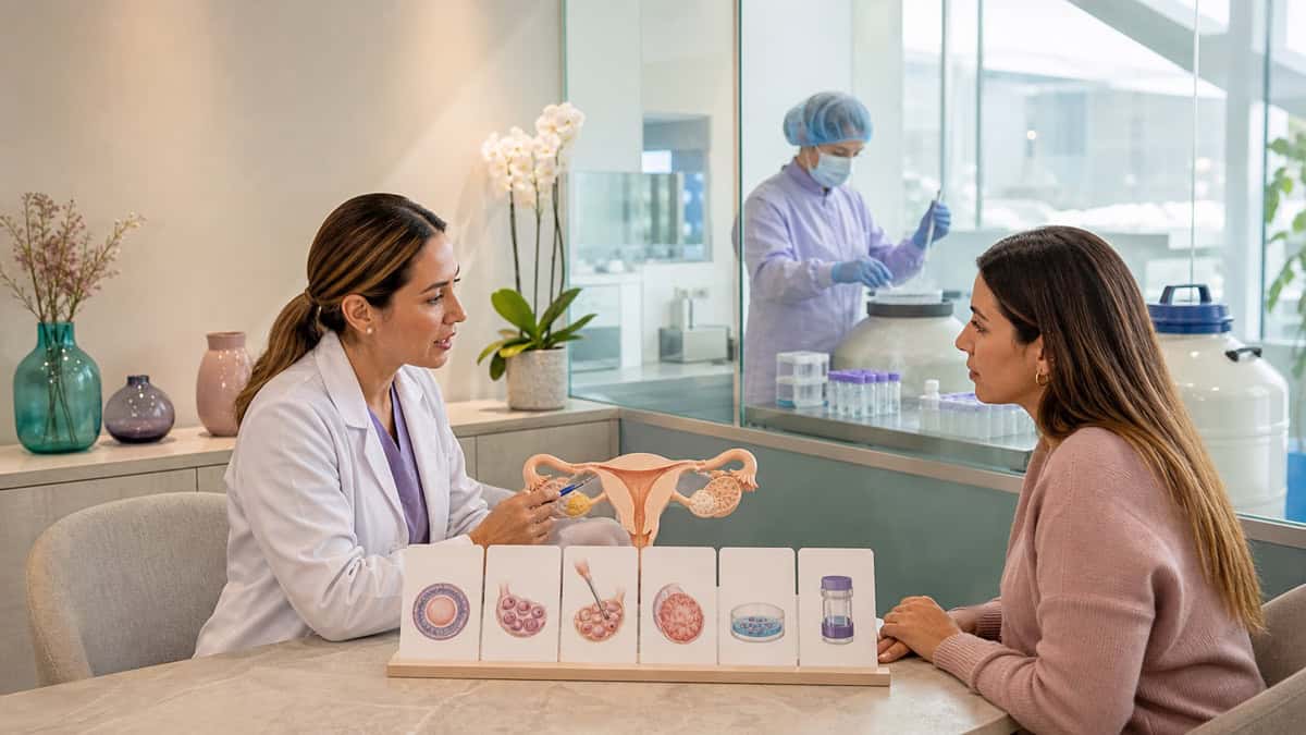 Escena editorial de una especialista explicando vitrificación de óvulos y preservación de la fertilidad femenina