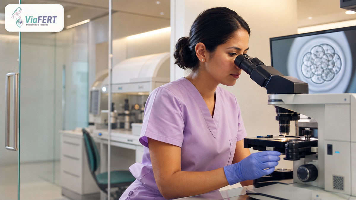 Embrióloga trabaja con microscopio en el laboratorio de FIV e ICSI de ViaFERT