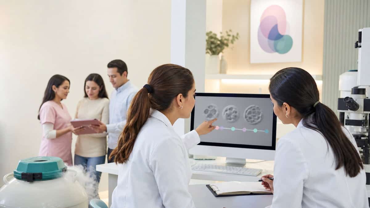 Escena editorial de embriólogas revisando el desarrollo embrionario y la criopreservación para un proceso de gestación subrogada