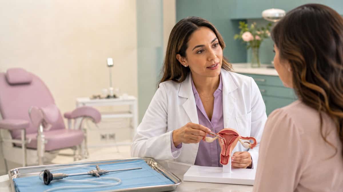 Escena editorial de una ginecóloga explicando una histeroscopia con un modelo uterino y equipo clínico