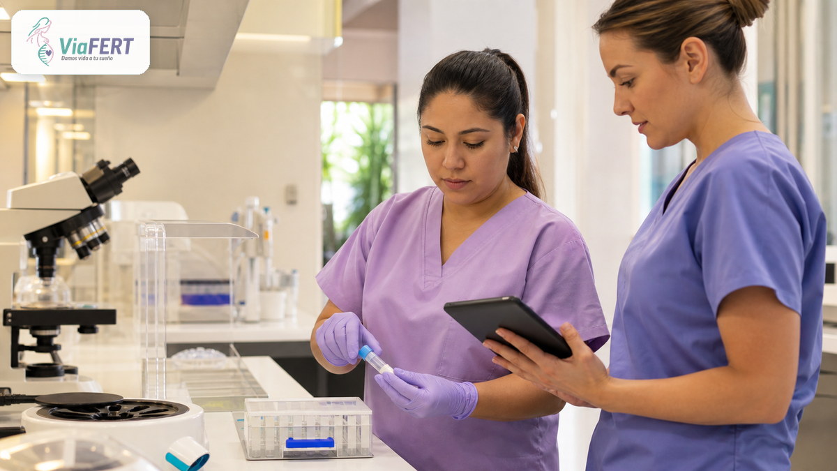 Laboratory specialists prepare a sample for intrauterine insemination