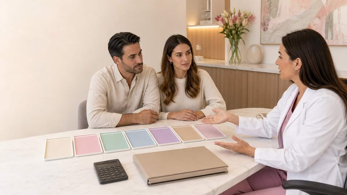 Escena editorial de una especialista explicando los componentes de un presupuesto de fertilización in vitro