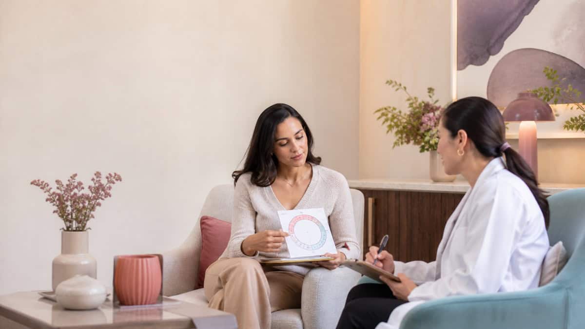 Escena editorial de una consulta ginecológica con registro del ciclo y síntomas menstruales