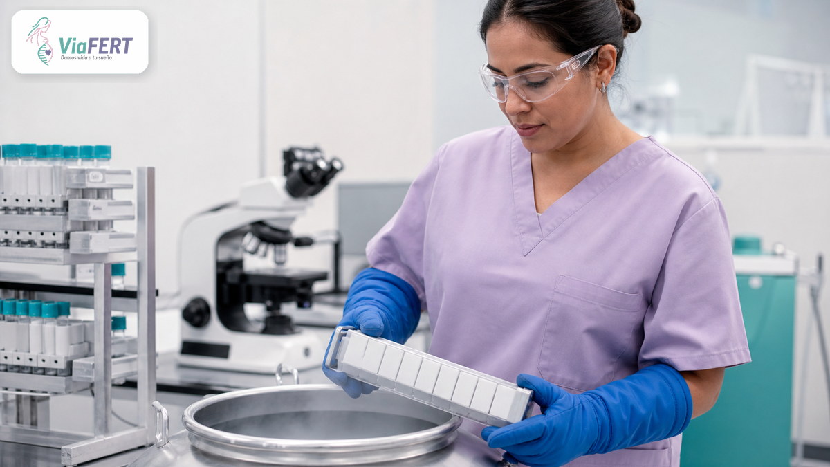 Embrióloga prepara material para criopreservación en el laboratorio de ViaFERT
