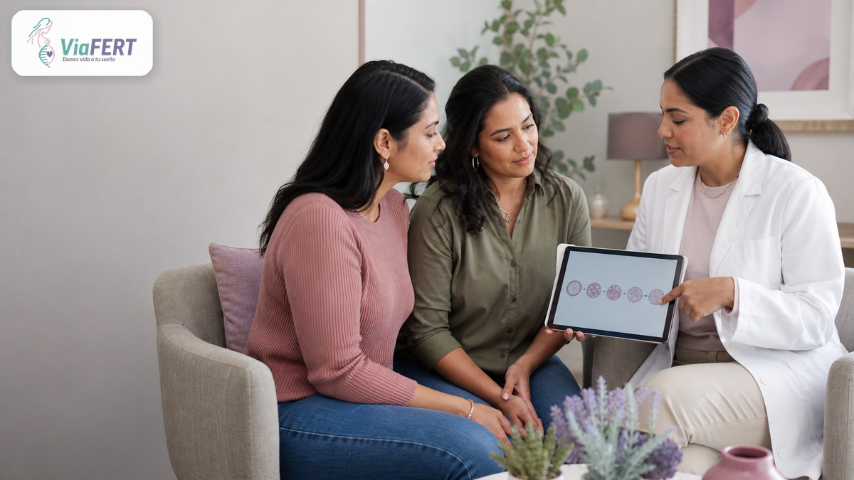 Two women receive counseling about shared motherhood through reciprocal IVF