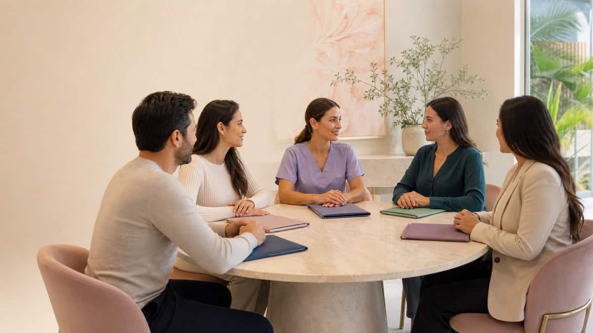 Escena editorial de planificación previa con asesoría médica y jurídica independiente para gestación subrogada
