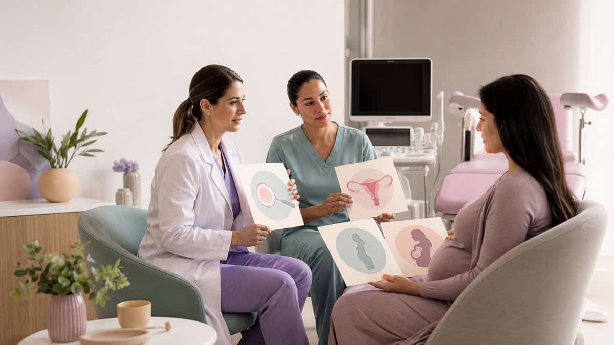 Escena editorial de una paciente y su equipo médico revisando las etapas clínicas de la gestación subrogada
