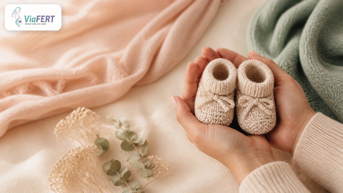 Manos sostienen zapatitos tejidos como símbolo de esperanza y formación de una familia