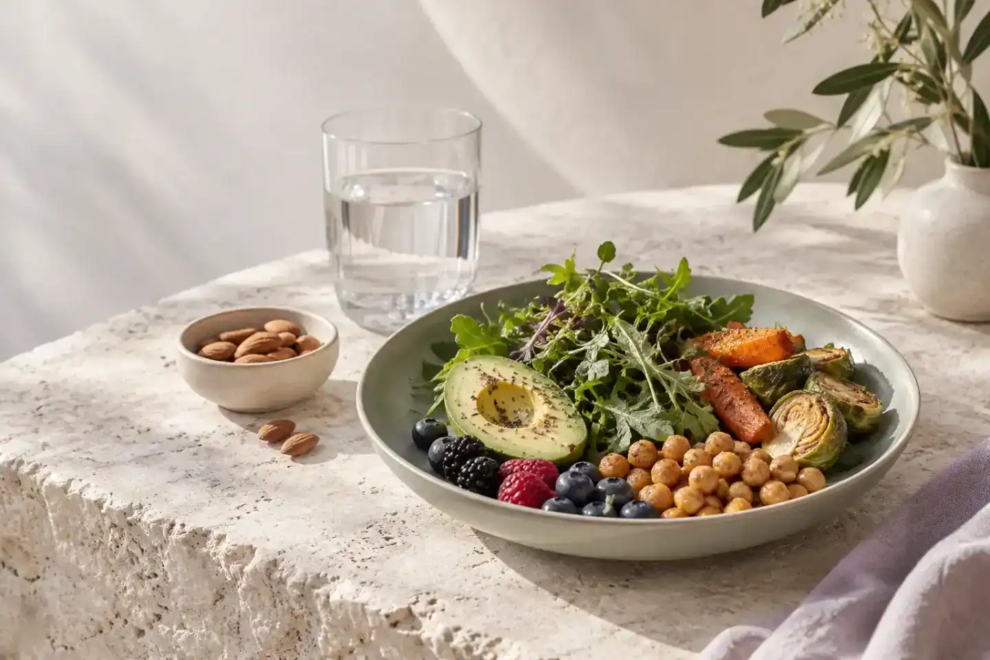Plato con verduras, garbanzos, aguacate y frutos rojos junto a un vaso de agua sobre una mesa clara.