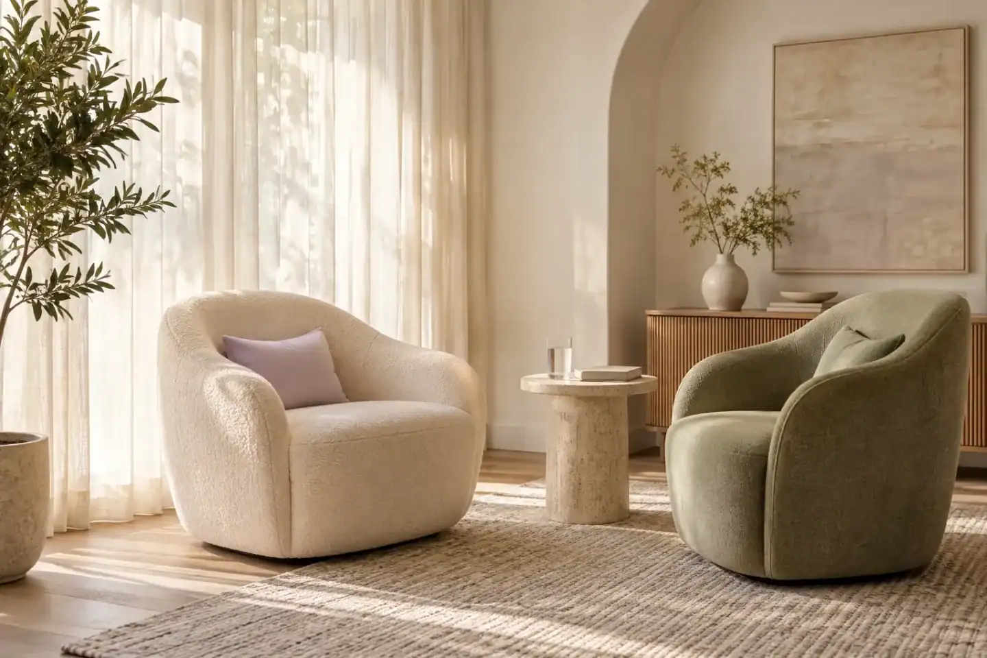 Espacio ilustrativo de conversación con dos sillones en tonos crema y verde, iluminado con luz natural.