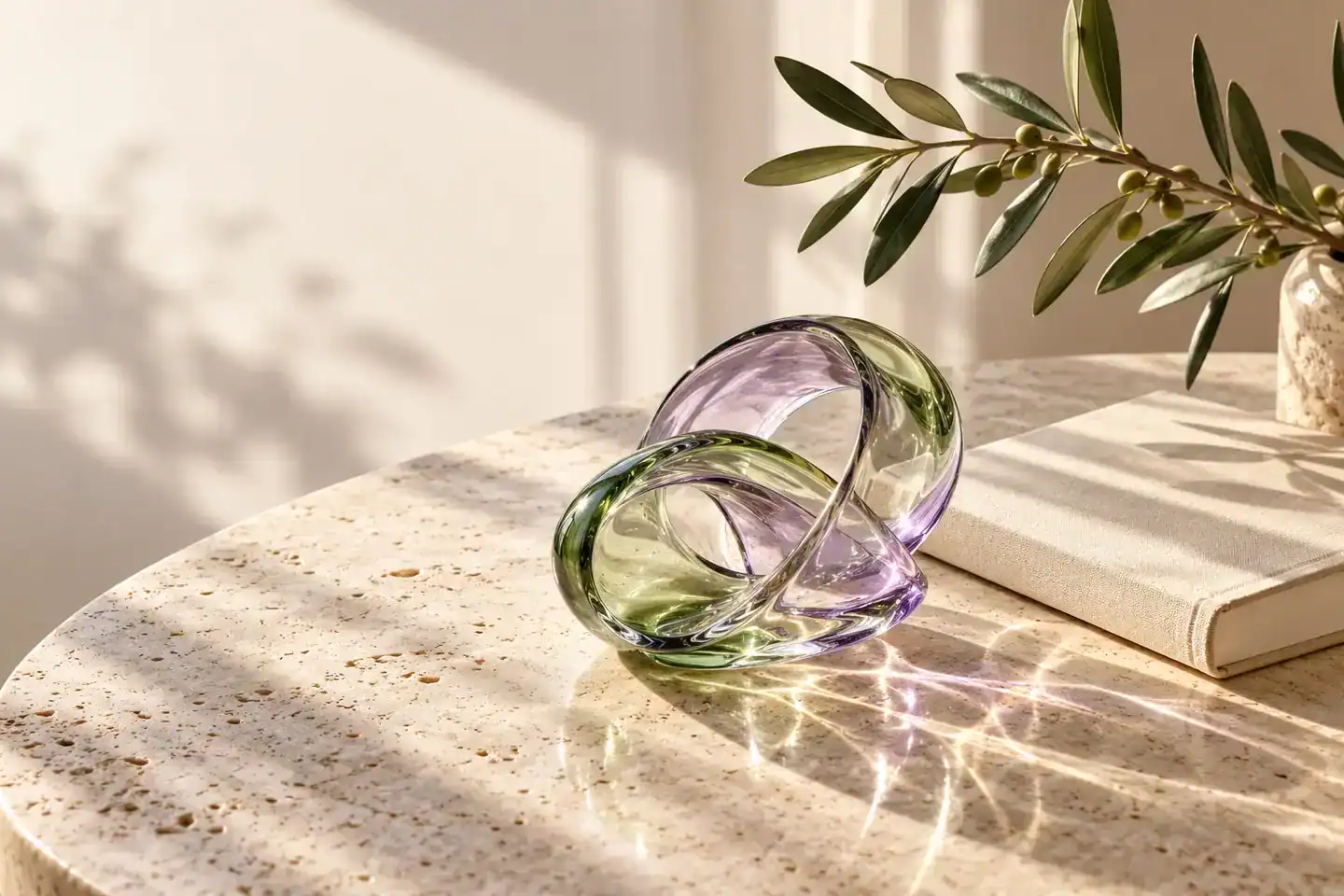 Escultura de cristal en tonos lavanda y verde junto a una libreta, como símbolo de escucha y cuidado ginecológico.