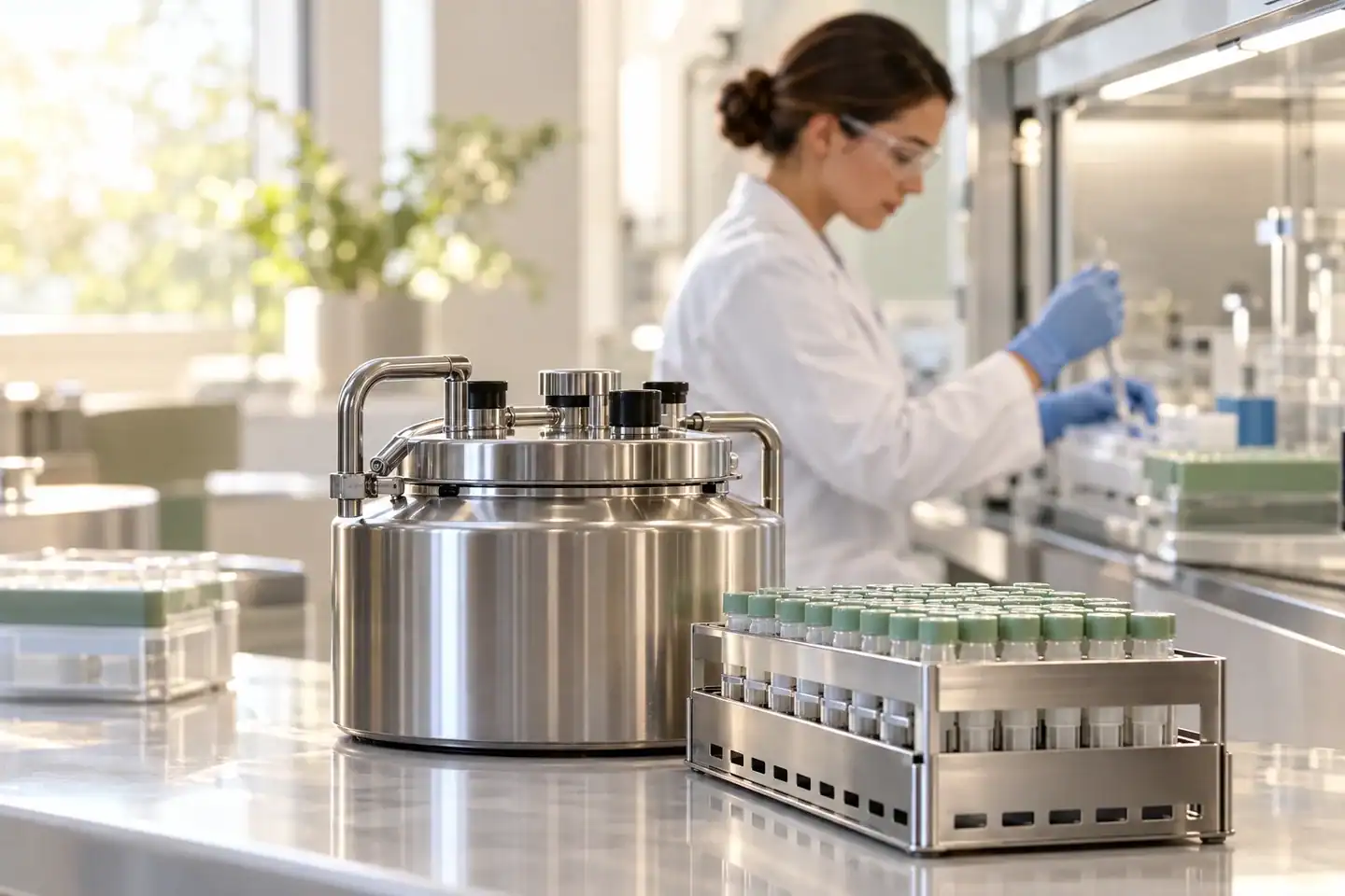 Escena ilustrativa de un laboratorio de preservación de fertilidad, con equipo de crioconservación y una profesional al fondo.